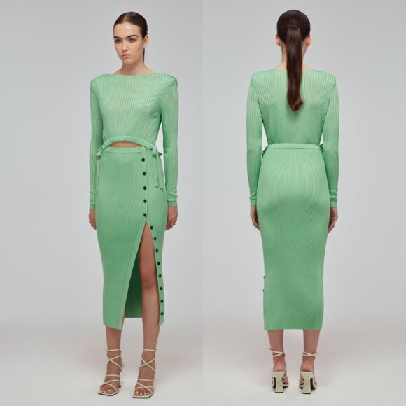 NWT Self-portrait Ribbed Knit Midi Dress Spearmint Small Cut-out Button Details - Picture 2 of 11